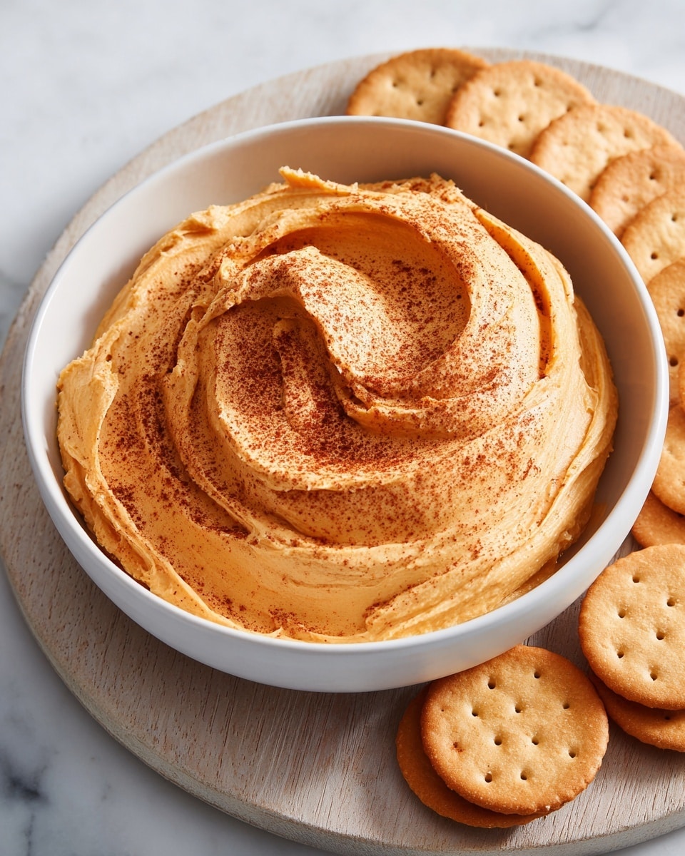 A white bowl filled with one thick, creamy layer of light orange spread, sprinkled lightly with a darker orange powder on top. The spread has a smooth but slightly uneven texture with visible swirls and soft peaks. Around the bowl on a wooden board, there are several round, golden-brown crackers arranged in a loose circle. The scene is set on a white marbled surface, giving a clean and bright background. photo taken with an iphone --ar 4:5 --v 7