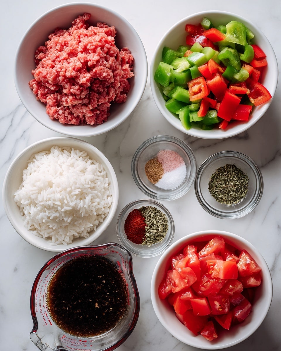 The image shows six different white bowls and glass measuring cups placed on a white marbled surface, each containing different ingredients arranged separately for a recipe. The top left white bowl holds a mound of raw ground meat with a red-pink color and a slightly rough texture. The top right white bowl contains roughly chopped red and green bell peppers with shiny, smooth, and bright surfaces. The middle left white bowl is filled with cooked white rice, soft and fluffy with grains visible. The middle right white bowl holds a mix of dry spices – pink salt, red paprika powder, black pepper, and dried herbs – floating separately but close together. The bottom left glass measuring cup contains a dark, thick liquid with a smooth texture, possibly a sauce or broth, with tiny specks on the surface. The bottom right glass measuring cup holds chopped fresh tomatoes in a vibrant red color with a wet, pulpy texture. photo taken with an iphone --ar 4:5 --v 7