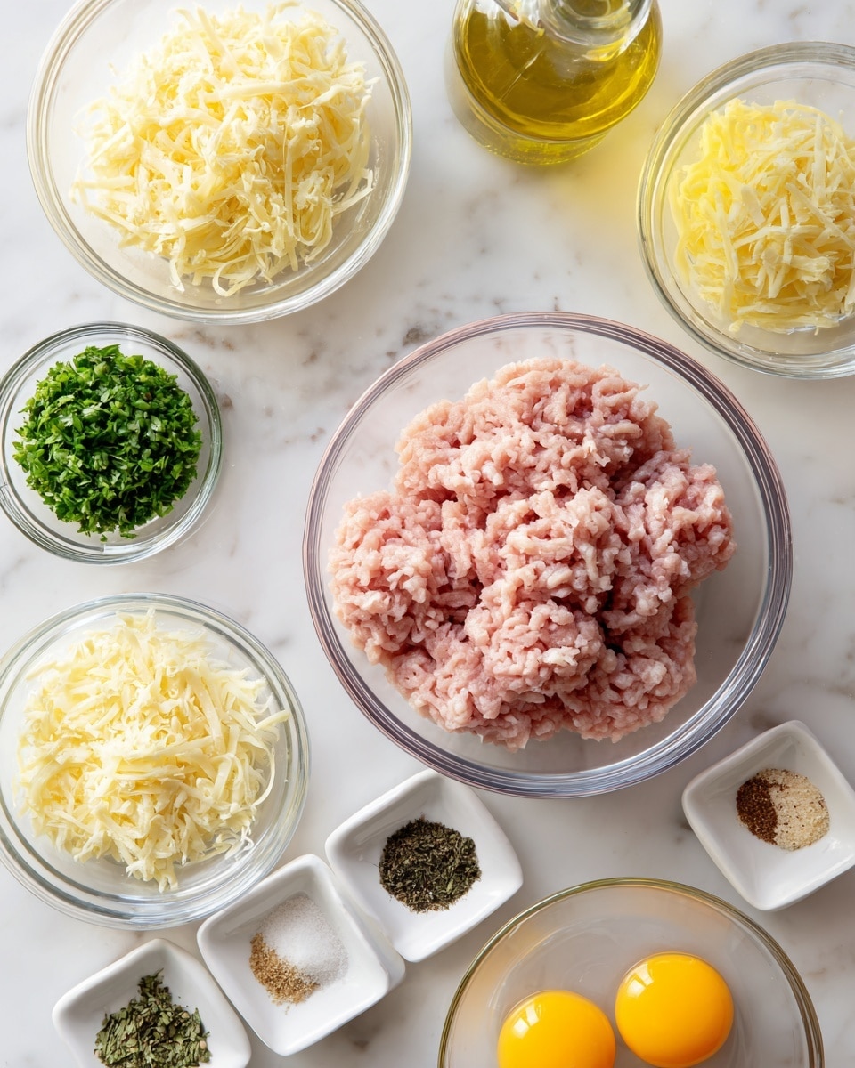 A top view shows several clear glass and white dishes arranged on a white marbled surface. In the center is a clear glass bowl filled with light pink ground meat with a soft texture. Surrounding it are smaller clear glass bowls with pale yellow grated cheese, finely chopped green herbs, and crushed pale yellow garlic. To the side is a clear glass bottle with light yellow olive oil. Below and to the right are small white square dishes holding powders and spices in beige, black, and green shades, plus coarse salt. At the bottom is a clear glass bowl with two raw yellow eggs in light yellow yolk and translucent white. The setup is bright with soft shadows. Photo taken with an iphone --ar 4:5 --v 7