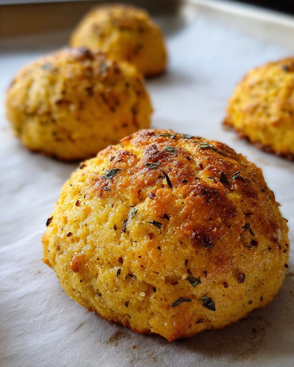 Close-up view of three golden brown baked balls on white parchment paper over a baking tray, each ball textured with small bits and a slightly crisp surface, with spots of dark golden browning underneath and around the edges, showing a moist yet firm outer layer with visible herbs or seasoning throughout. Photo taken with an iphone --ar 4:5 --v 7