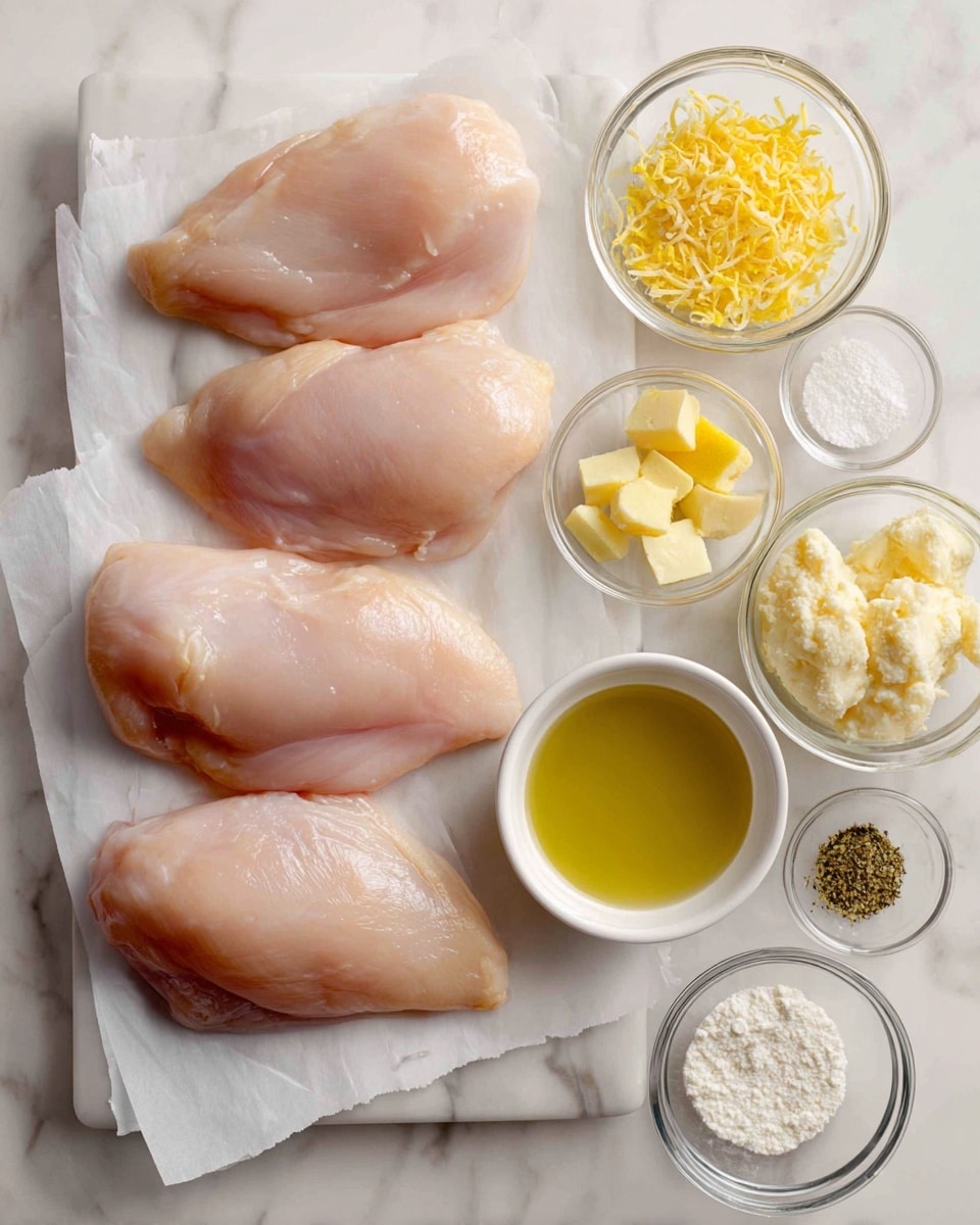 The image shows four raw chicken breasts laid out on white paper near the top left of a white marbled surface. Around them are small clear glass bowls holding various ingredients: at the top right, a bowl with yellow lemon zest, a bowl with pale yellow grated Parmesan cheese, and a smaller bowl with lemon pepper spice. Below those are bowls with light golden chicken broth, white heavy cream, white all-purpose flour, white minced garlic, translucent olive oil, yellow melted butter cut into pieces, light yellow lemon juice, and a small amount of white salt. Each ingredient is labeled with clear black text on white rectangular backgrounds placed above or near the bowls. The photo taken with an iphone --ar 4:5 --v 7