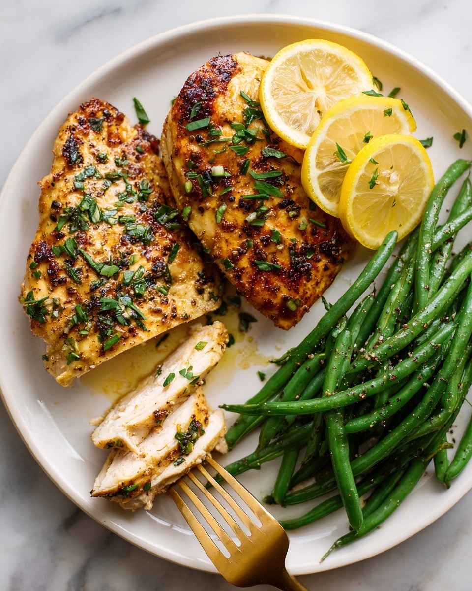 The image shows a white plate with two golden brown pieces of cooked chicken topped with fresh chopped green herbs and two thin, bright yellow lemon slices. One piece of chicken is whole, while the other is sliced into three parts to show the tender inside. On the right side of the plate, there is a small pile of fresh green beans with a smooth texture and little black pepper sprinkled on top. A golden fork, holding a small piece of the chicken, is placed at the bottom left of the plate. The background is a white marbled surface. photo taken with an iphone --ar 4:5 --v 7