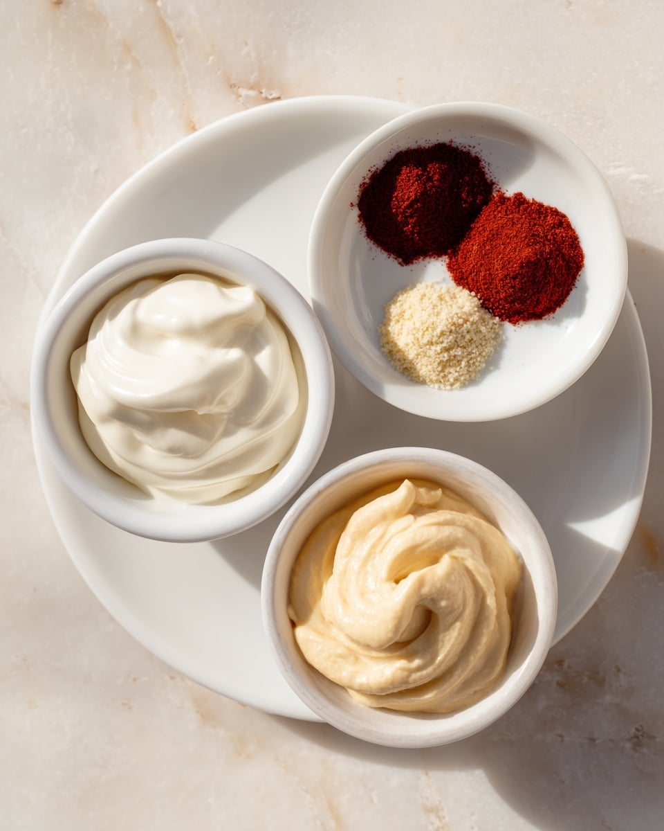 The image shows three white containers on a white marbled surface. On the left, a white small cup holds a smooth, creamy layer of white yoghurt with soft folds. In the middle, a white plate has four distinct dollops arranged in a square: at the top center, a deep red pile of smoked paprika powder; at the bottom left, a beige smooth blob of Dijon mustard; at the bottom right, a small rough-textured mound of grated garlic. On the right, a white bowl contains a smooth, light beige dollop of mayonnaise with soft peaks. Each container is clearly separated, and the lighting is bright and natural. Photo taken with an iphone --ar 4:5 --v 7