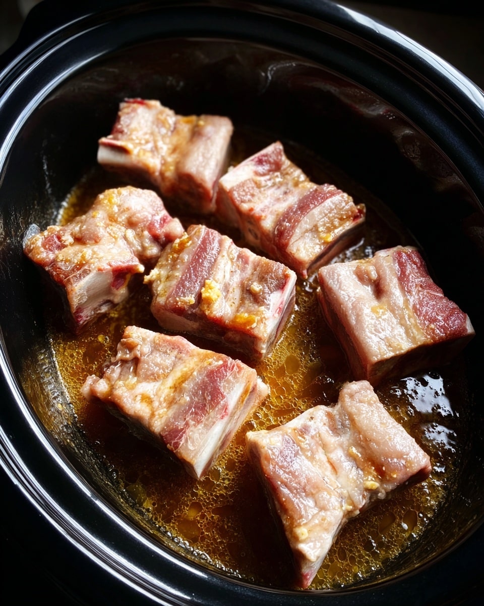 Inside a black slow cooker, six raw pork ribs are laid out in a single layer. The ribs show mix of pale pink meat and white fat, some with small bones visible. A layer of bubbling brown liquid, likely broth or sauce, surrounds the ribs, giving a shiny, wet texture. The background is a white marbled texture. photo taken with an iphone --ar 4:5 --v 7