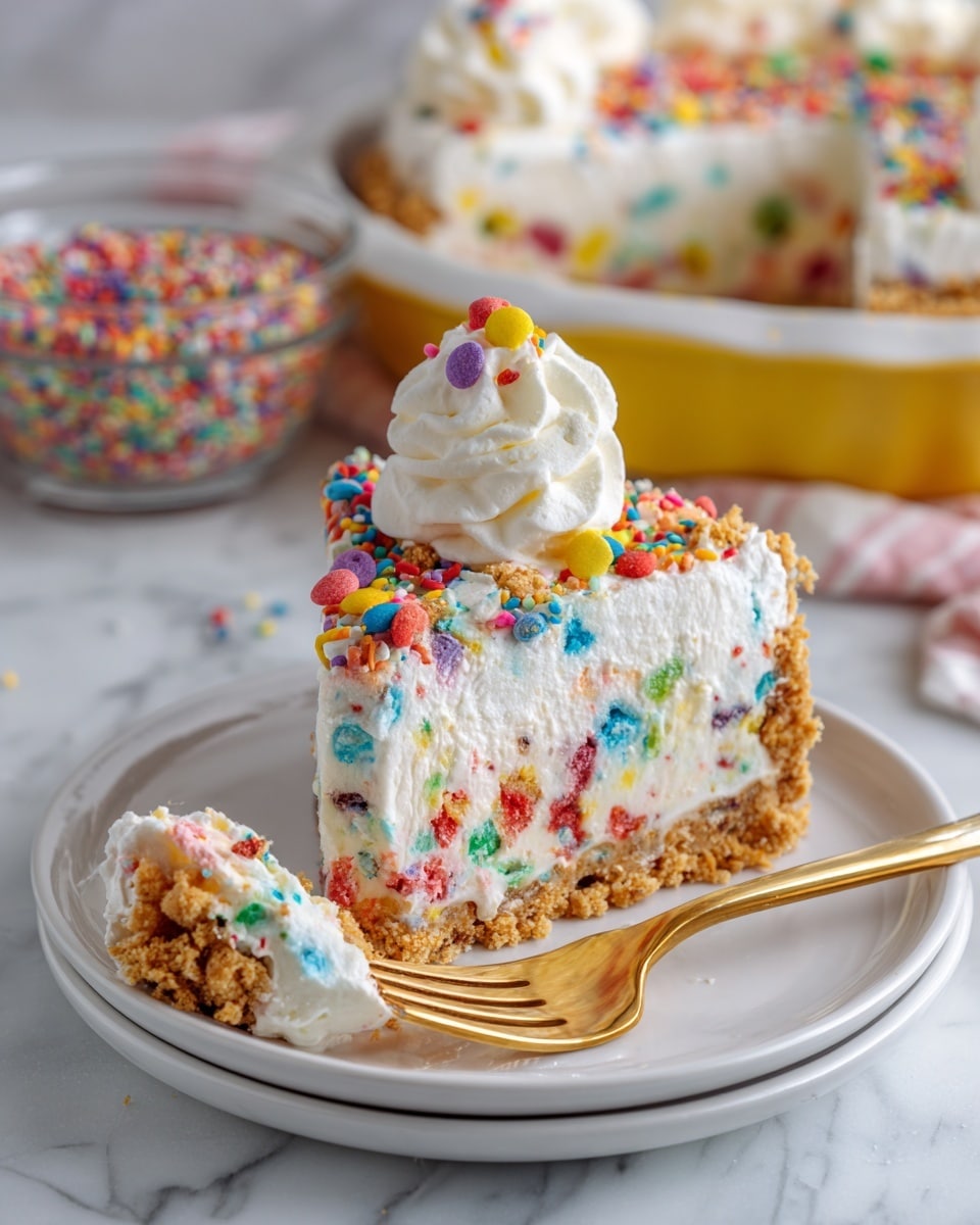 The image shows a single slice of a colorful layered cake on a white plate with a white marbled background. The cake has three distinct layers: a crumbly light brown base, a thick creamy middle layer mixed with bright red, blue, green, and yellow confetti-like sprinkles, and a smooth white whipped cream topping with a small peak in the center, also sprinkled with colorful round confetti pieces. Next to the slice, a gold fork holds a bite of cake with the same texture and colors as the slice. In the background, a yellow baking dish with the remaining cake and a small bowl filled with more confetti sprinkles adding a festive touch can be seen. Photo taken with an iphone --ar 4:5 --v 7
