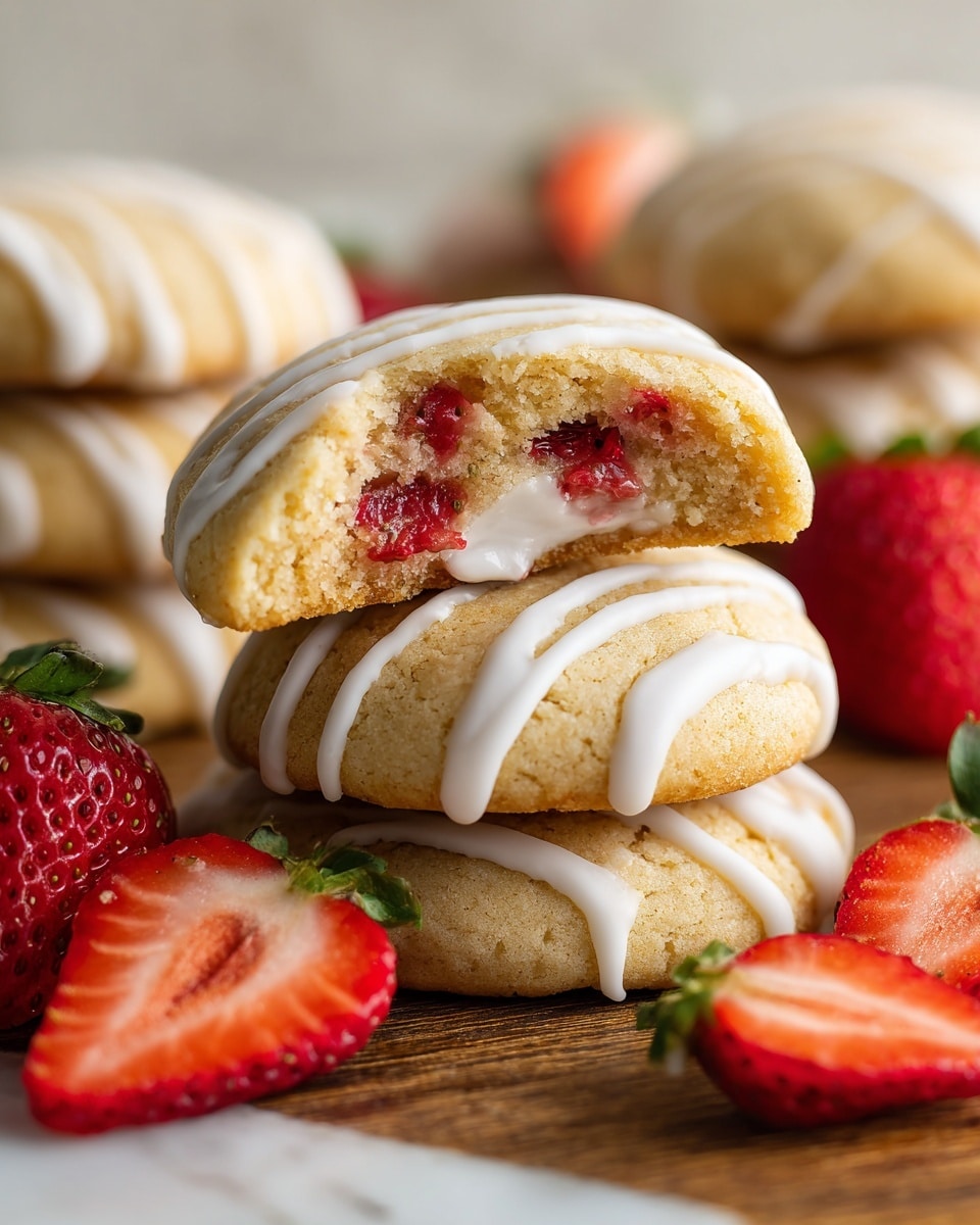 A close-up view of soft, round cookies stacked on a wooden surface over a white marbled background. Each cookie has a light golden color with visible red strawberry pieces baked into the dough and white creamy filling oozing out from the middle of the bitten cookie on top. The cookies are lightly drizzled with smooth white icing creating thin, curved lines across their surfaces. Fresh whole strawberries and sliced strawberry halves add vibrant red color around the cookies, making the scene look fresh and tasty. Photo taken with an iphone --ar 4:5 --v 7