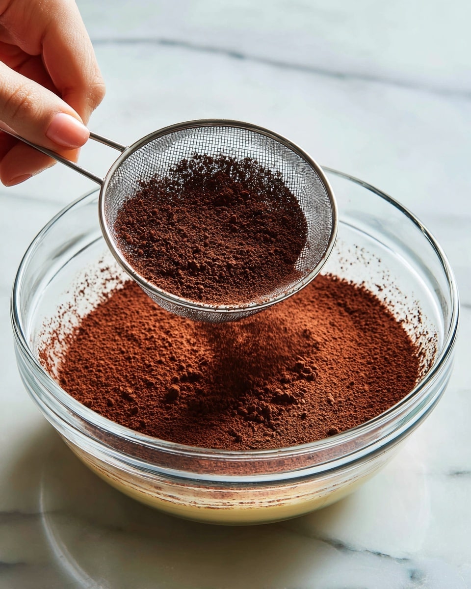 A clear glass bowl sits on a white marbled surface containing a smooth, thick yellow batter. Above it, a woman's hand holds a silver mesh sieve filled with dark brown cocoa powder, gently sifting the cocoa over the batter, creating a fine layer of cocoa dust on the surface. The scene shows part of the textured batter under the cocoa powder with some loose cocoa scattered around the edges inside the bowl. Photo taken with an iphone --ar 4:5 --v 7