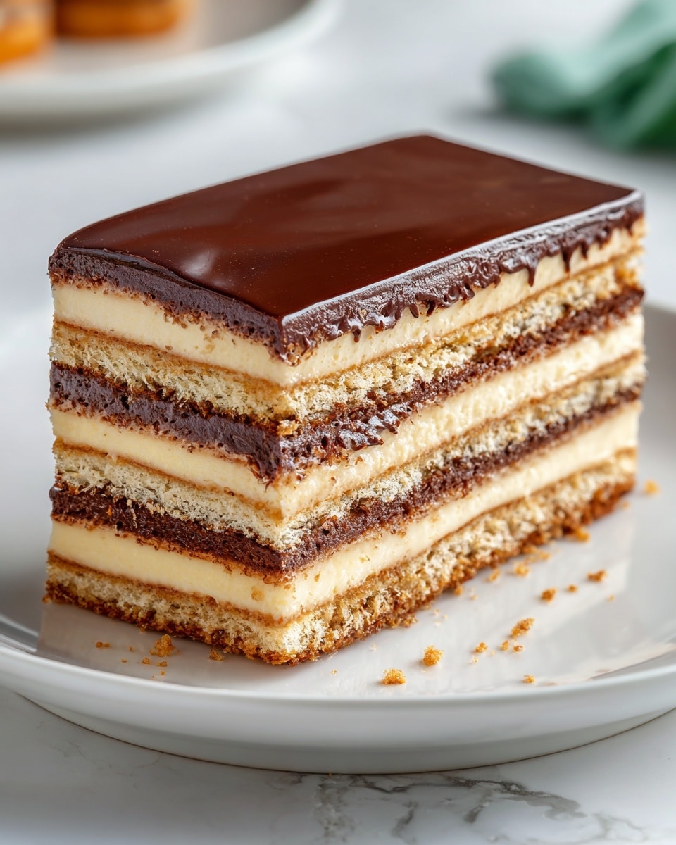 The image shows a chocolate biscuit cake with two main layers. The bottom layer has mixed light brown biscuit pieces embedded in dark, smooth chocolate, creating a textured, crunchy look. The top layer is a thick, shiny, smooth dark chocolate glaze covering the entire cake. Around the edge of the cake, there is a ring of small, chopped nuts on top of the glaze. A slice of the cake is lifted up on a white cake server, showing the biscuit and chocolate mix clearly. The cake sits on a transparent glass plate on a white marbled surface, and there is a white plate blurred in the background. Photo taken with an iphone --ar 4:5 --v 7