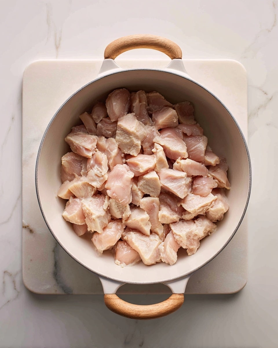 A white pot with light wood handles is placed on a white marbled surface, filled with small chunks of raw chicken. The chicken pieces are light beige with some pink areas, spread evenly at the bottom of the pot, showing a slightly moist texture. The pot’s interior is smooth and light gray, contrasting with the white exterior. Photo taken with an iphone --ar 4:5 --v 7