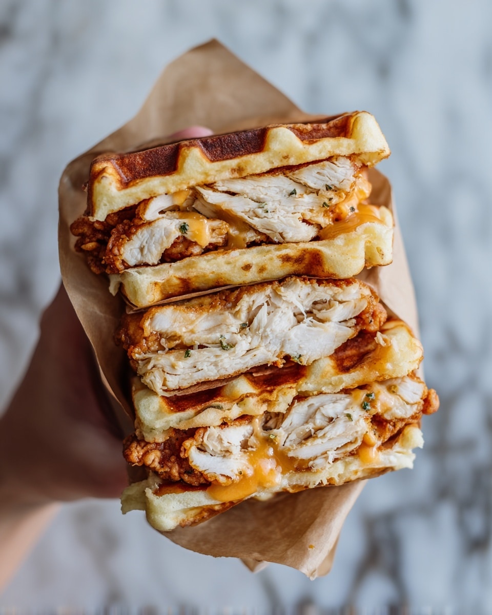 A close-up view of a sandwich held by a woman's hand, showing four layers where each pair of layers is made of light golden waffle pieces that have a soft texture and slight indentations. Between each waffle layer, there is a thick piece of crispy fried chicken with a crunchy, browned outer crust and juicy white meat inside, slightly soaked with orange-hued sauce. The sandwich is wrapped loosely in brown paper and the background shows a blurred white marbled texture. photo taken with an iphone --ar 4:5 --v 7