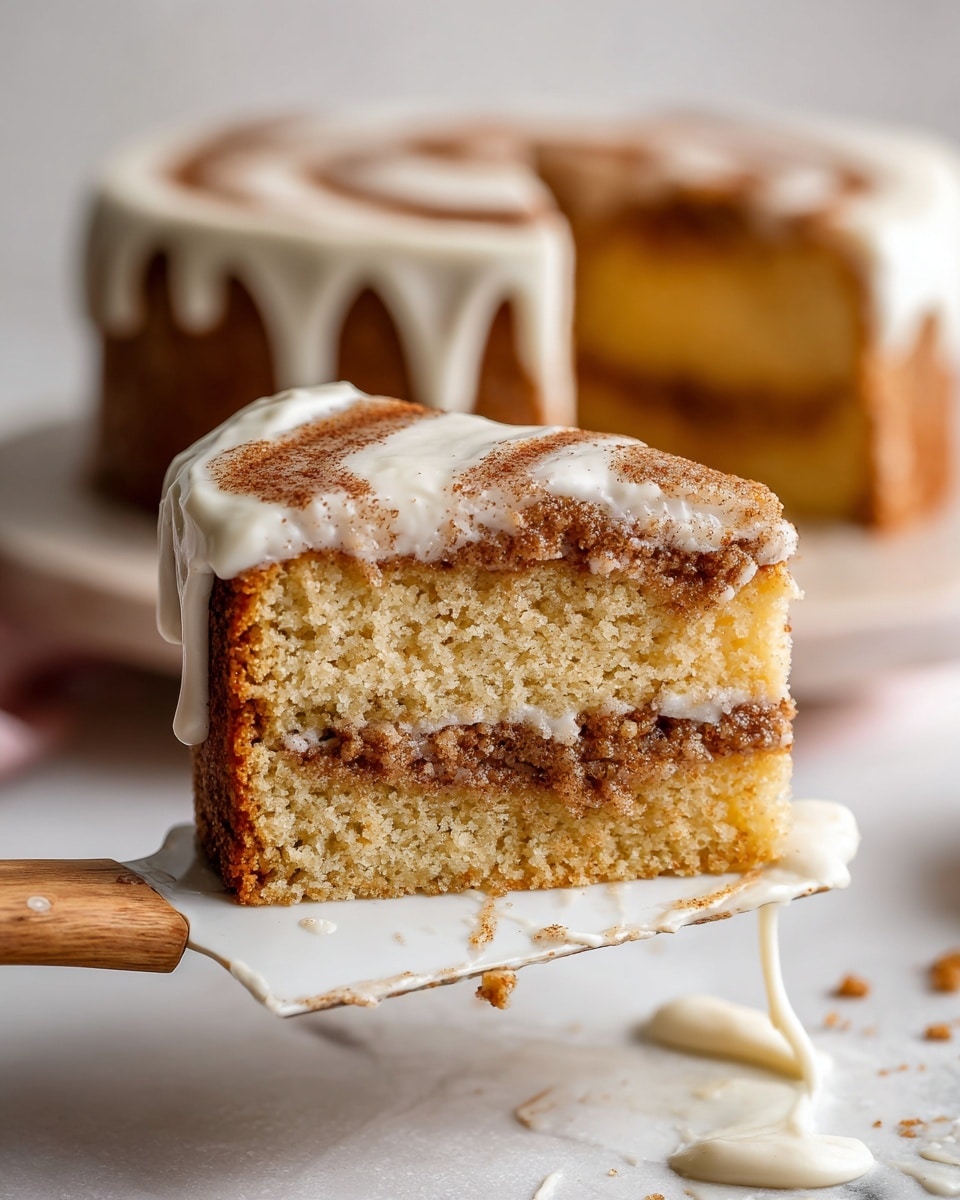 A close-up view showing a slice of cinnamon cake being held above a white marbled surface by a white spatula with a wooden handle. The slice has three clear layers: the bottom layer is a light golden cake, the middle layer has a cinnamon swirl with a crumbly texture and darker brown spots, and the top layer is smooth, creamy white frosting that drips slightly down the sides. In the background, a cake pan filled with the same frosted cake sits on the white marbled surface, slightly out of focus. The whole scene is bright with soft lighting. photo taken with an iphone --ar 4:5 --v 7