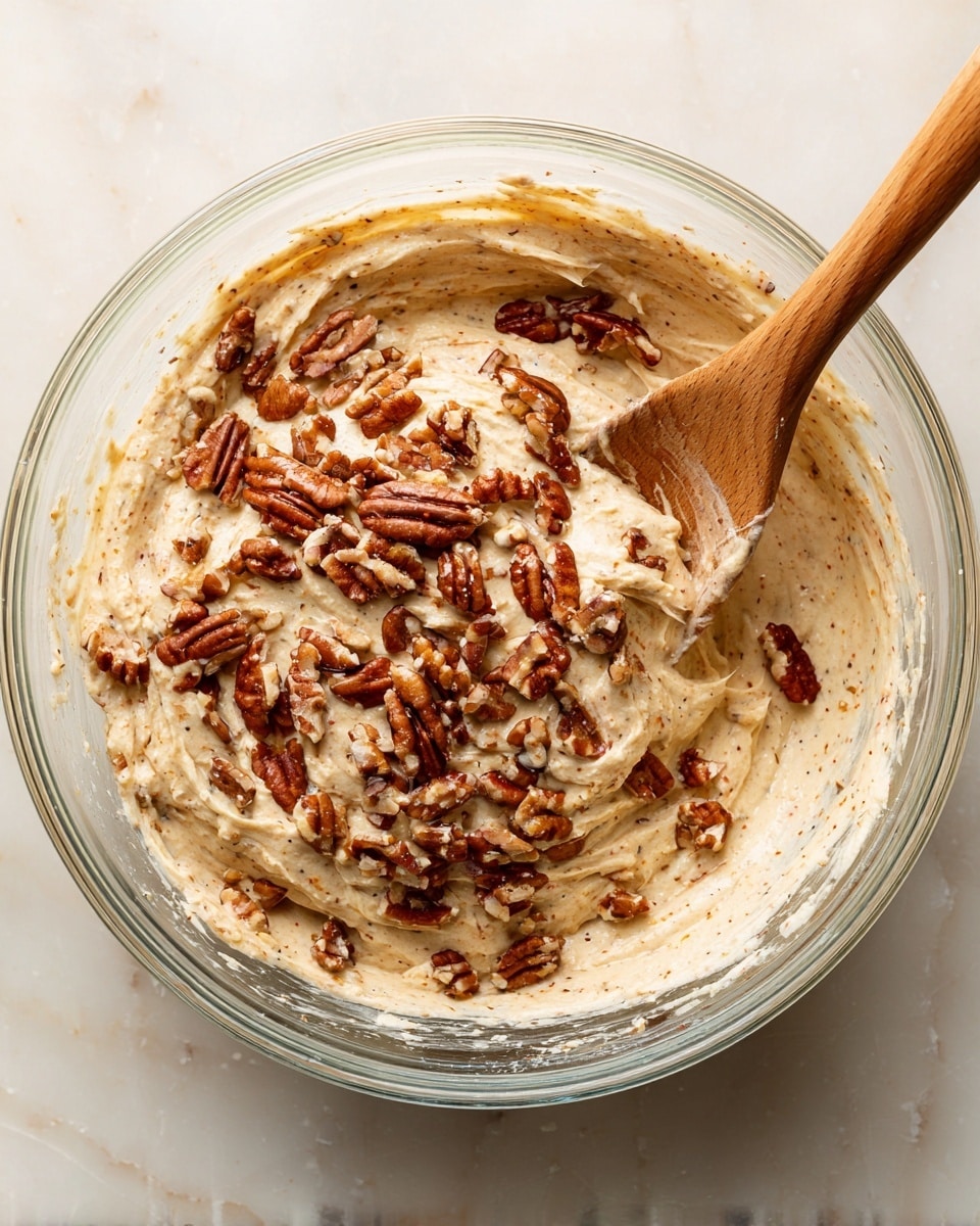 A clear glass bowl on a white marbled surface holds a thick, creamy mixture with a light golden color. The mixture is covered with many small chopped pecans, which add a rich brown and slightly rough texture on top. A wooden spoon with a smooth finish is partially dipped into the mix on the right side of the bowl, showing the creamy texture blending with pecans. The photo is focused on the bowl, making the thick sticky mixture and nut pieces clear and detailed. Photo taken with an iphone --ar 4:5 --v 7