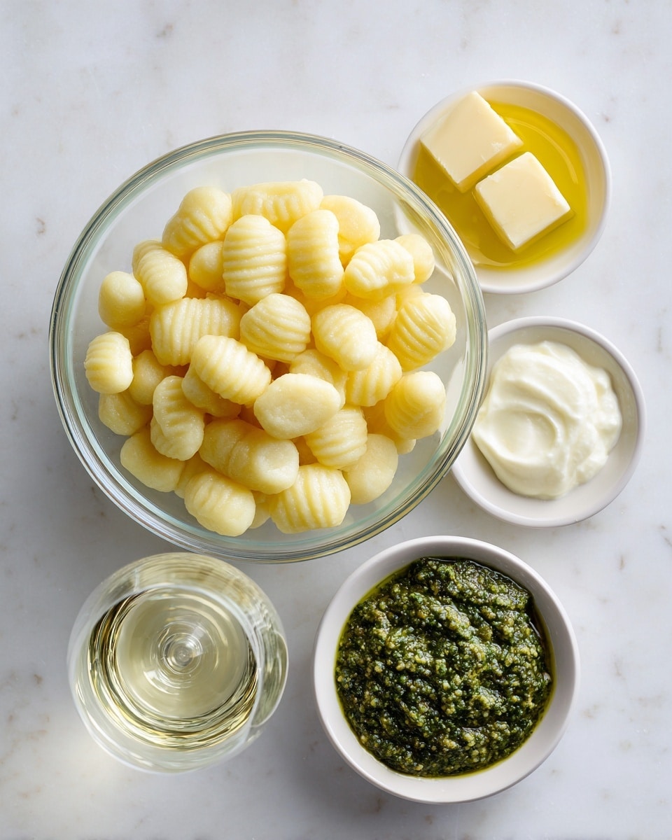 A clear glass bowl in the center holds many uncooked gnocchi pieces that are light yellow and soft looking, with small ridges on their surfaces. Surrounding it on a white marbled background are five small white dishes: one at the top right filled with golden olive oil, a small plate below it holding two pale yellow cubes of butter, a round bowl underneath the butter containing thick, white heavy cream, another round bowl to the right filled with dark green basil pesto that has a textured leafy look, and lastly, a glass cup at the bottom center with clear white wine. All items are neatly arranged in a loose circle around the main bowl, with labels above or below each dish. Photo taken with an iphone --ar 4:5 --v 7