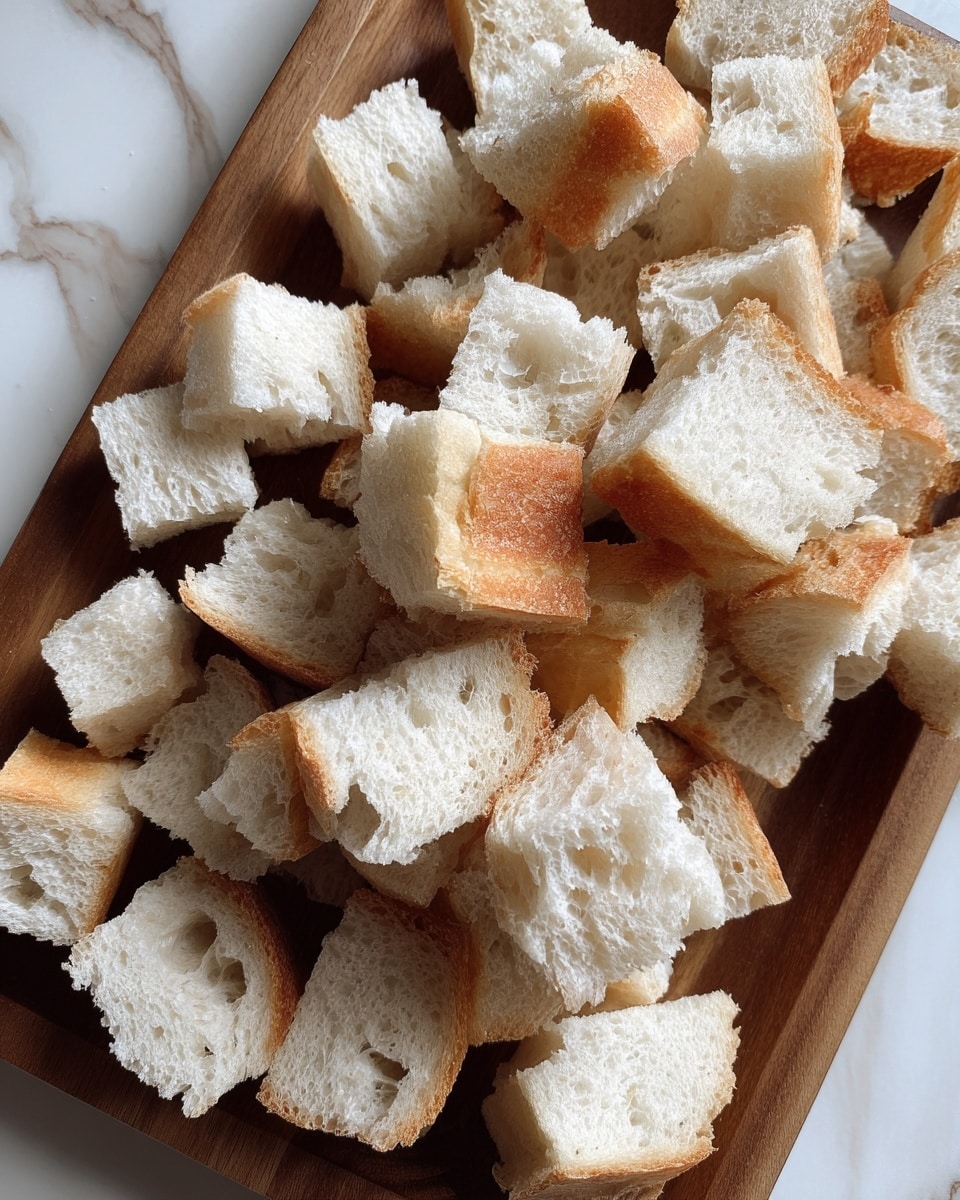 A wooden board is filled with many small, uneven cubes of soft white bread, showing a mix of light tan crusts and fluffy white interiors. The cubes are piled loosely, with some crust pieces showing a slightly wrinkled texture. The board sits on a white marbled surface. photo taken with an iphone --ar 4:5 --v 7