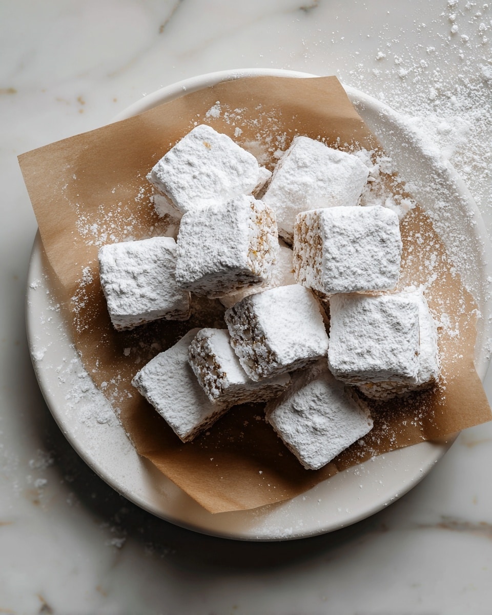 The image shows a white plate lined with brown parchment paper, carrying 18 small rectangular pieces of food. Each piece is lightly covered in white powdered sugar, giving them a dusty look, while the visible parts beneath the sugar show a rough texture mixed with darker brown and beige bits. The pieces are arranged in three scattered rows. The background is a white marbled surface. photo taken with an iphone --ar 4:5 --v 7