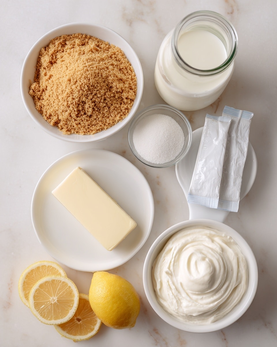 A top view of several ingredients arranged on a white marbled surface, including a white bowl filled with golden brown graham cracker crumbs positioned on the left, a glass jar of white milk placed to the right, a white plate holding a quarter cup of white sugar, a stick of pale yellow butter lying horizontally below the milk, a small paper bag containing two packets of white instant lemon pudding mix near the butter, a white bowl filled with smooth white cool whip at the bottom right, and half a lemon and lemon slices at the bottom left corner. Photo taken with an iphone --ar 4:5 --v 7