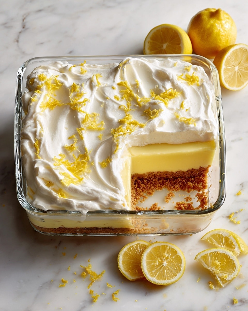 A square glass dish contains a lemon dessert with three visible layers: the bottom layer is a crumbly, light brown crust; above it is a thick, smooth, pale yellow lemon filling; the top layer is fluffy, white whipped cream spread evenly with gentle swirls. Bright yellow lemon zest is scattered over the whipped cream. Two lemon halves are placed on the white marbled surface near the dish. A small section of the dessert is missing from the bottom right corner showing all three layers clearly. Photo taken with an iphone --ar 4:5 --v 7