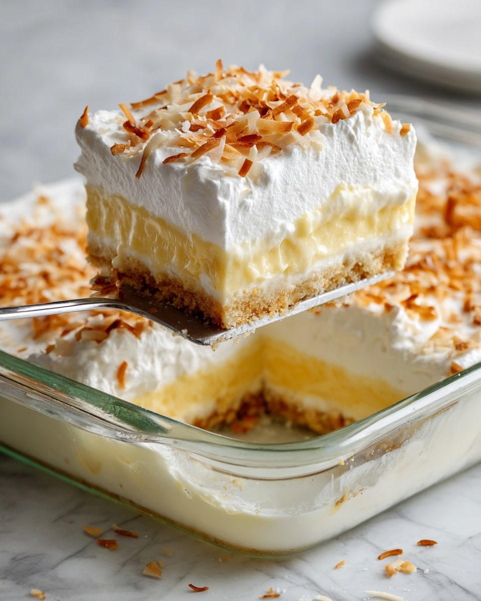 This image shows a square piece of layered coconut cream dessert in a clear glass baking dish on a white marbled surface. The dessert has three visible layers: the bottom is a light golden brown crust, the middle is thick and smooth pale yellow cream, and the top layer is fluffy white whipped cream sprinkled with toasted shredded coconut that adds texture and a light brown color contrast. The piece is slightly pulled away from the rest of the dessert, showing the clean layers. A metal spatula with a black handle is lifting the slice from the dish. The background is softly out of focus. Photo taken with an iphone --ar 4:5 --v 7