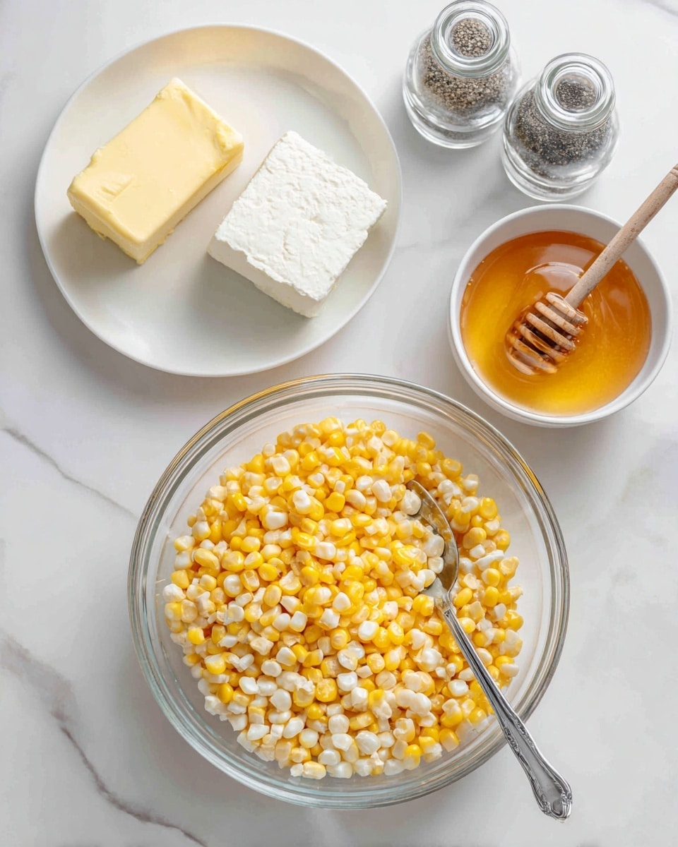 A clear glass bowl filled with two colors of frozen corn kernels, yellow and pale white, with a silver spoon inside, sits on a white marbled surface. Above the bowl, there is a small white plate holding a rectangular block of white cream cheese. To the left, a small white plate holds a thick pat of yellow butter. Above these plates, two clear glass shakers with metal lids contain black pepper and sea salt, positioned side by side. On the right, a white bowl holds golden honey with a wooden honey dipper resting inside. The scene is bright and clean, with all items neatly arranged and labeled with black text specifying their contents and quantities. Photo taken with an iphone --ar 4:5 --v 7