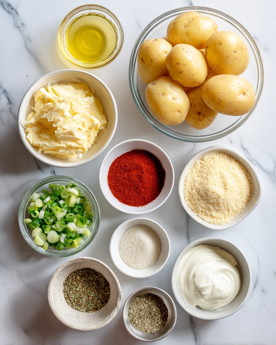 A top-down view of various cooking ingredients arranged neatly on a white marbled surface, including a large clear bowl filled with smooth yellow potatoes, a white bowl with melted salted butter showing golden and creamy textures, a small white bowl with bright red smoked paprika powder, a small clear bowl with garlic powder, a small metal measuring cup filled with light yellow parmesan cheese, another metal measuring cup containing pale Italian seasoned breadcrumbs, a clear bowl with golden olive oil, a small white bowl of finely chopped green onions, a white bowl holding white creamy sour cream, and another small white bowl with dry Italian seasoning that looks a mix of green and brown herbs; all ingredients are evenly spaced and clearly visible. Photo taken with an iphone --ar 4:5 --v 7