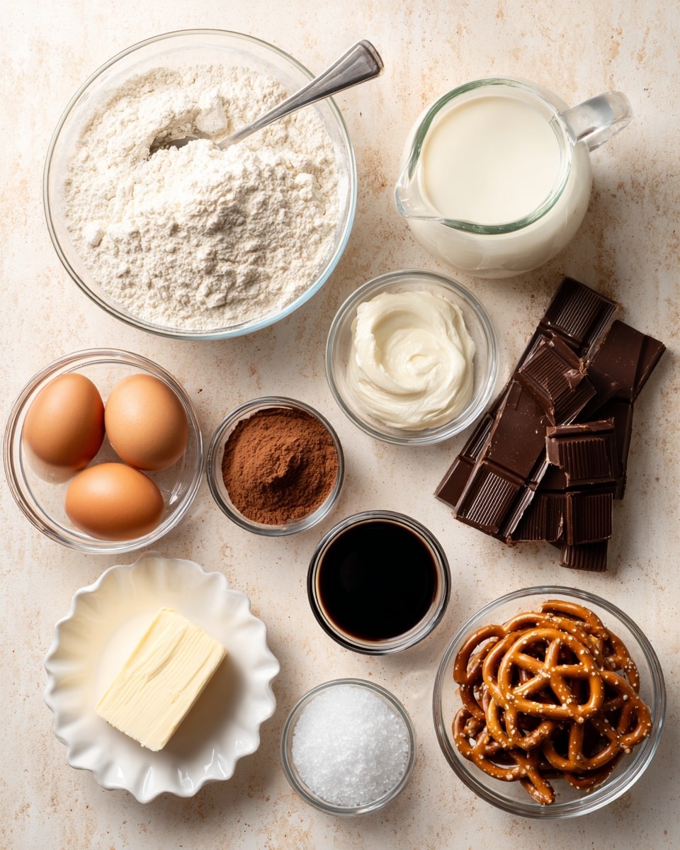 A top view of baking ingredients arranged on a light beige textured surface with a white marbled texture. From top center, a clear glass bowl filled with all-purpose flour with a silver spoon inside. To its left, a small clear glass pitcher of heavy cream, and below that, a small white bowl of flaky sea salt. Below left, a clear glass bowl with three brown eggs. Bottom left has a small white scalloped plate with granulated sugar. Bottom right shows a white plate with a stick of salted butter. Center right features a clear glass bowl filled with cocoa powder. Above it, a small white bowl with dark vanilla extract. Top right displays a partially unwrapped bar of bittersweet chocolate. Bottom center holds a small glass bowl filled with pretzels. Each ingredient is labeled in soft beige text blocks. photo taken with an iphone --ar 4:5 --v 7