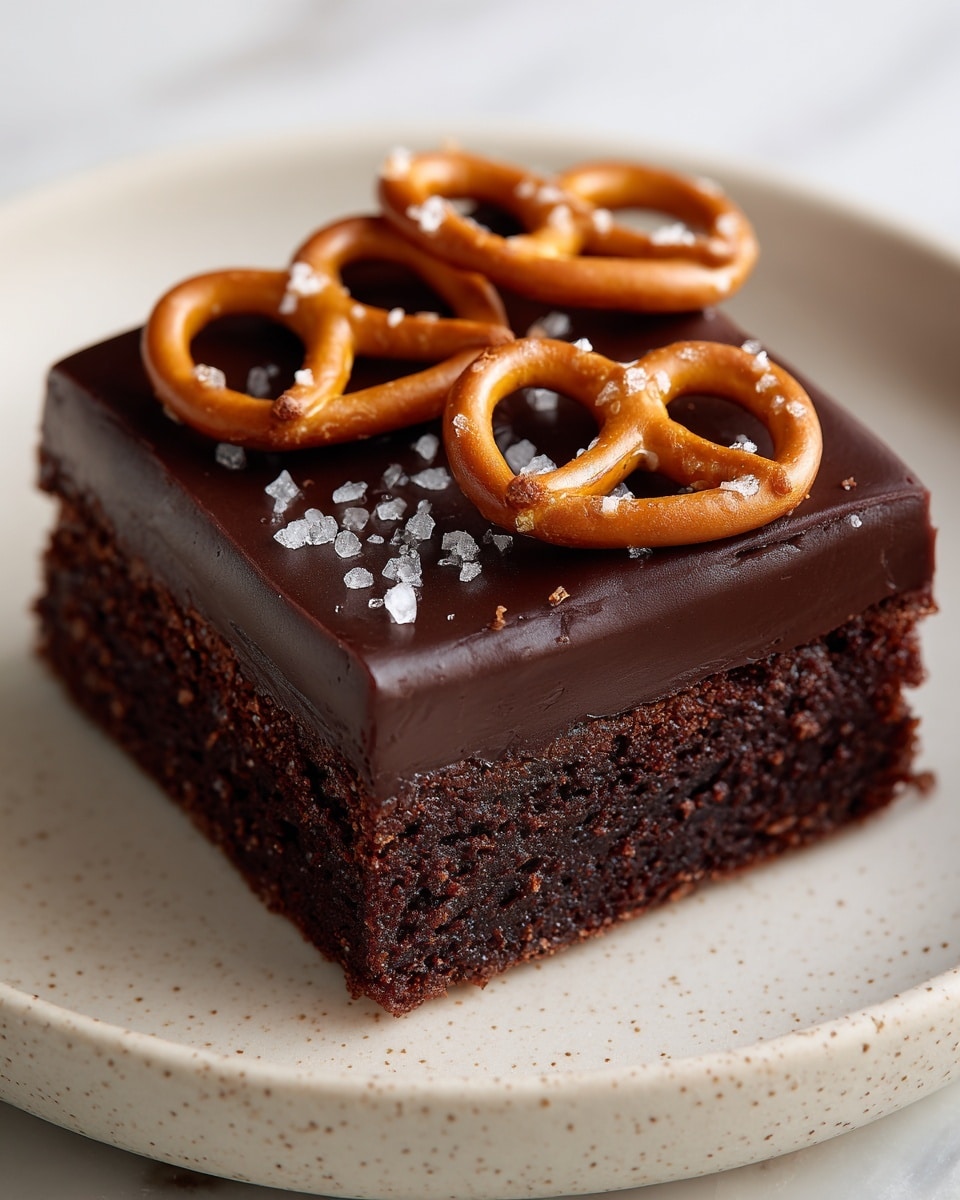 A single square brownie sits on a white plate with light speckles, placed on a white marbled surface. The brownie has two layers: a rich, dark brown bottom layer with a slightly rough texture and a smooth, glossy chocolate ganache spread evenly on top. Five whole, golden-brown pretzels are placed on the ganache layer, arranged with three in the front and two near the back. Small grains of salt are sprinkled over the ganache and pretzels, adding texture and contrast. Photo taken with an iphone --ar 4:5 --v 7