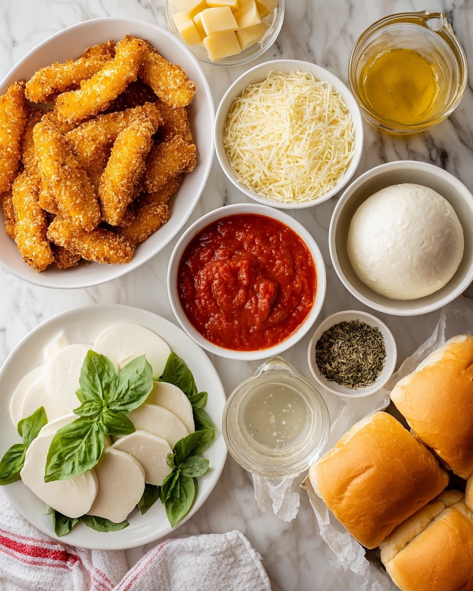 The image shows many ingredients laid out on a white marbled surface. At the top right is a bowl filled with golden brown breaded chicken strips. To the left is a white bowl of smooth red tomato sauce, below it is a white bowl full of grated cheese, and next to that is another white bowl with a round ball of soft white mozzarella cheese. To the right is a glass measuring cup with melted butter. There is also a small white dish with dried herbs in the center. Two boxes of soft, shiny golden brown bread rolls are beside the other items. At the bottom left, there is a white plate stacked with several slices of white cheese, topped with fresh green basil leaves. A white and red kitchen towel is partially shown at the bottom edge. Photo taken with an iphone --ar 4:5 --v 7