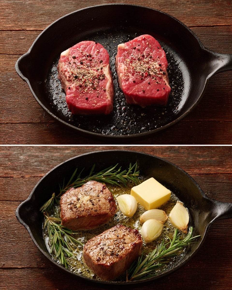 The image shows two stages of cooking two pieces of meat in a black cast iron pan set on a wooden surface. In the top section, the two raw meat pieces are placed flat in the pan, both having a pinkish-red color with light seasoning of black pepper. In the bottom section, the same two pieces of meat are now cooked to a brown color, seared with a slight crust. Next to the meat, there are two pieces of melting light yellow butter and a green sprig of rosemary, with small chunks of garlic in the bubbling butter. The pan remains black cast iron, and the surface around the pan is a wooden texture. photo taken with an iphone --ar 4:5 --v 7