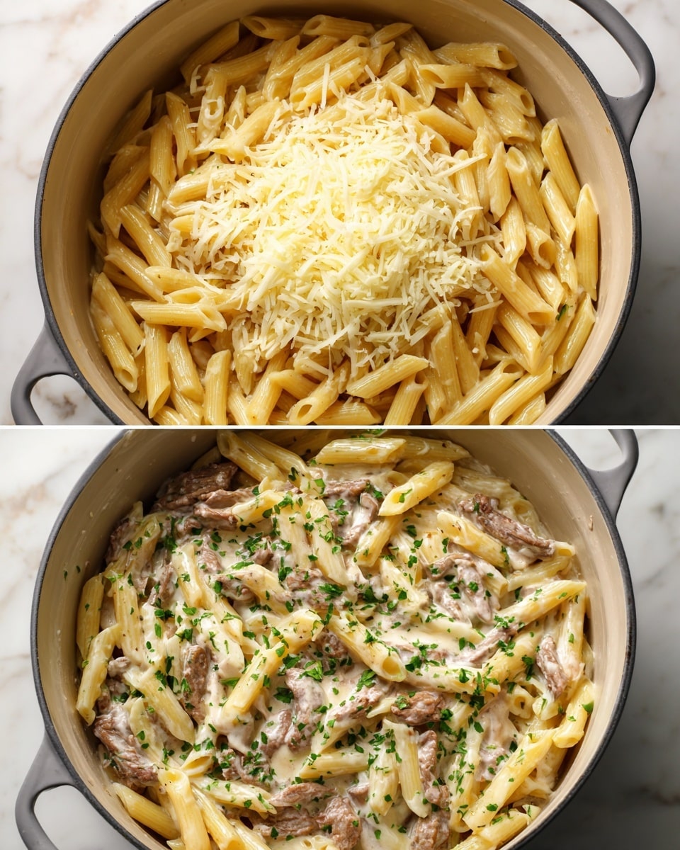 The image shows two top-down views of a large gray pot filled with creamy penne pasta mixed with strips of cooked beef. In the top photo, there is a thick layer of grated cheese piled in the center over the white sauce-covered pasta and beef. The pasta is pale yellow with a smooth, glossy texture, and the beef strips are brown with a slight sear. In the bottom photo, the cheese has been mixed into the pasta, creating a creamy, consistent layer, and fresh chopped green herbs are sprinkled evenly across the whole dish for color contrast. The pot sits on a surface with white marbled texture. Photo taken with an iphone --ar 4:5 --v 7