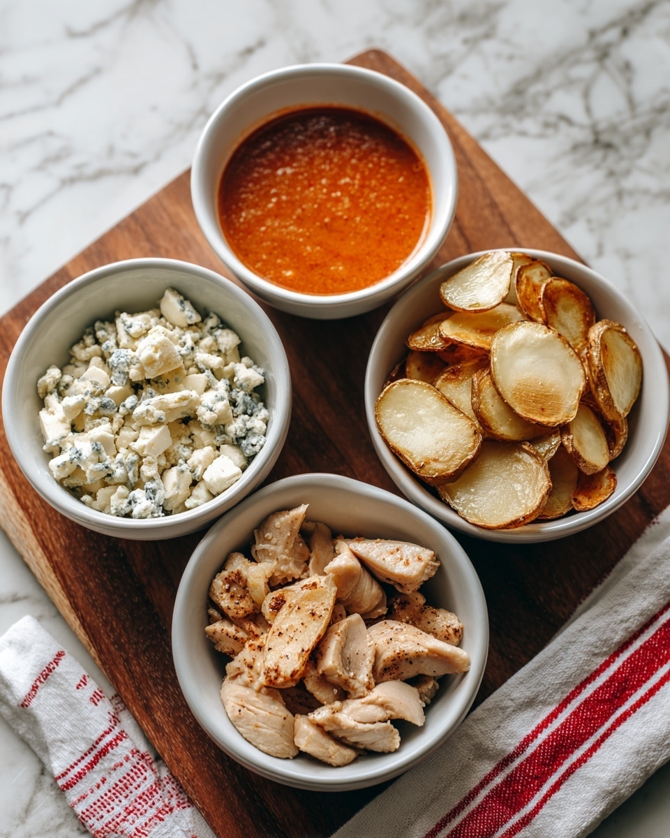 The image shows four white bowls placed on a wooden board with a white and red striped cloth next to it. The first bowl contains white and blue cheese crumbles. The second bowl holds a reddish-orange hot sauce with a smooth surface. The third bowl is filled with light golden brown roasted potato slices, some edges slightly crispy. The fourth bowl has small pieces of cooked, light beige chicken with a soft texture. The background is a white marbled texture. photo taken with an iphone --ar 4:5 --v 7