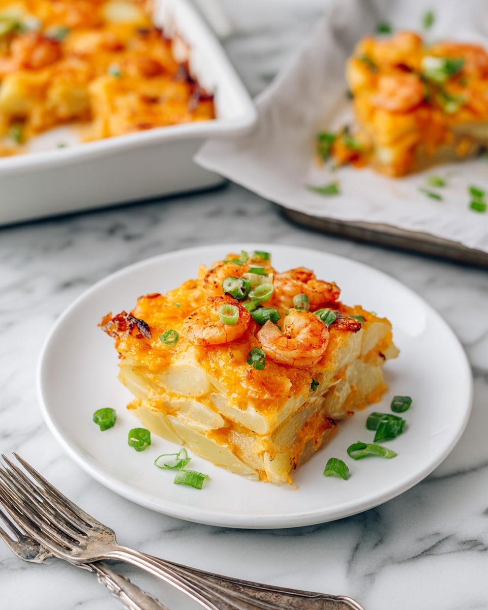 A white plate holds a layered dish of golden-brown potato slices stacked in about three layers, topped with melted orange cheese and small orange pieces that look like cooked shrimp spread evenly, garnished with small green onion bits. To the right, there is a baking sheet lined with parchment paper showing more of the same potato and cheese topping mixture. The setting is on a white marbled surface with two silver forks placed near the bottom. Photo taken with an iphone --ar 4:5 --v 7