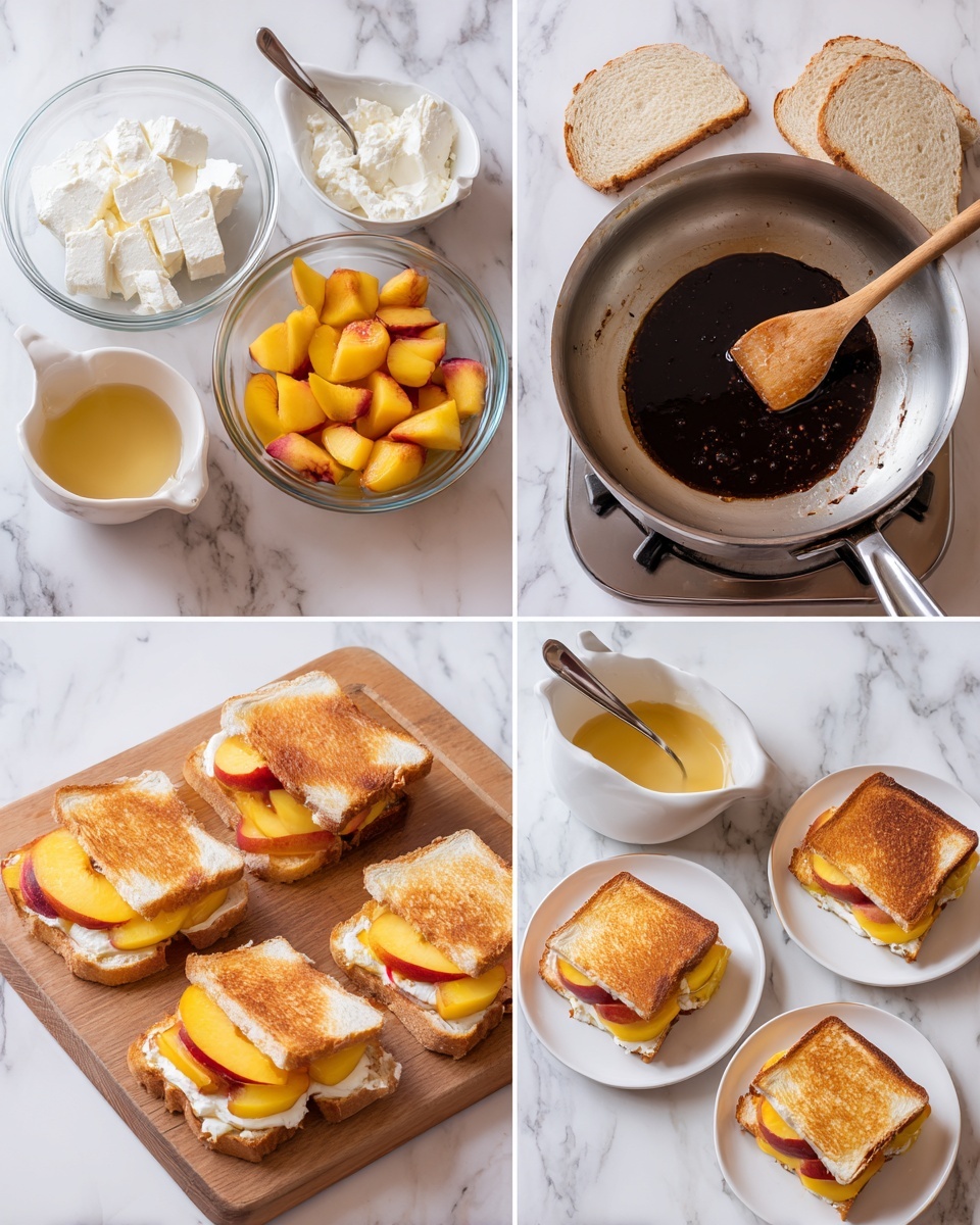The image shows a cooking process starting with ingredients on a white marbled surface: a clear glass bowl of white soft cheese with a silver spoon, a similar bowl of yellow peach slices, a white sauce boat with golden syrup, a stack of light brown bread slices with visible grains, and ripe peaches in a white colander and beside it. Next, two images show peach slices frying in a silver pan on a stove, first soaking in dark syrup, then being stirred with a wooden spatula. Then, four open bread slices spread with white cheese and topped with cooked peach slices are arranged on a wooden board, followed by the same peach and cheese filling sandwiched between bread slices. The last two images show a filled sandwich soaking on a white plate with syrup and spices, and then being fried in the pan with a crispy golden-brown crust. Photo taken with an iphone --ar 4:5 --v 7