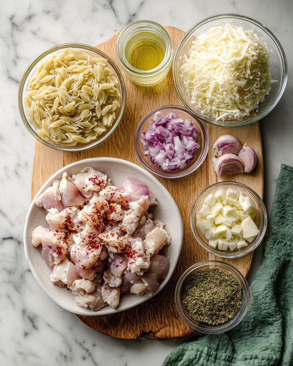 The image shows a wooden board on a white marbled surface with several small glass bowls arranged around it. The largest bowl is white and sits on the board, filled with pieces of raw chicken sprinkled with red seasoning. Above the chicken, there is a glass bowl filled with orzo pasta with a pale yellow color. To the right on the board, a small glass bowl contains chopped shallots with a light purple and white color, and another small bowl holds minced garlic in creamy white. There is a small glass jar with a light yellow liquid and a glass container filled with a mix of dried green herbs. To the right, part of a green cloth napkin is visible next to a bigger glass bowl filled with freshly grated white cheese. Photo taken with an iphone --ar 4:5 --v 7