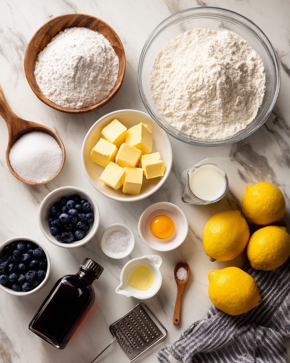 The image shows a top-down view of various baking ingredients arranged on a white marbled surface. There are two large clear glass bowls, one filled with white flour and the other with milk, positioned in the bottom center and top right. Around them are smaller white bowls holding bright yellow butter cubes, a single egg yolk, white sugar, baking powder, and fresh dark blue blueberries. A small wooden spoon contains salt, and a small white measuring cup has a light yellow liquid. A dark brown bottle of vanilla extract lies near the bottom right, next to three bright yellow lemons. A silver grater and a gray-striped cloth are also visible at the edges. Photo taken with an iphone --ar 4:5 --v 7