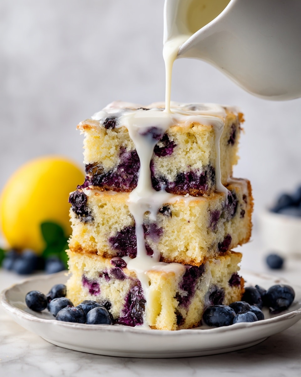 The image shows a stack of three thick, square-shaped blueberry cake pieces on a white plate. The cake layers have a soft, moist texture with many dark purple blueberries scattered throughout, creating spots of color inside the light yellow cake. A white sauce is being poured from a white jug onto the top piece, with the sauce forming a thin stream flowing down. In the background, a lemon and some blueberries add color against a blurred white marbled surface. The overall scene is bright and clean, focusing closely on the cake stack and sauce pour. photo taken with an iphone --ar 4:5 --v 7