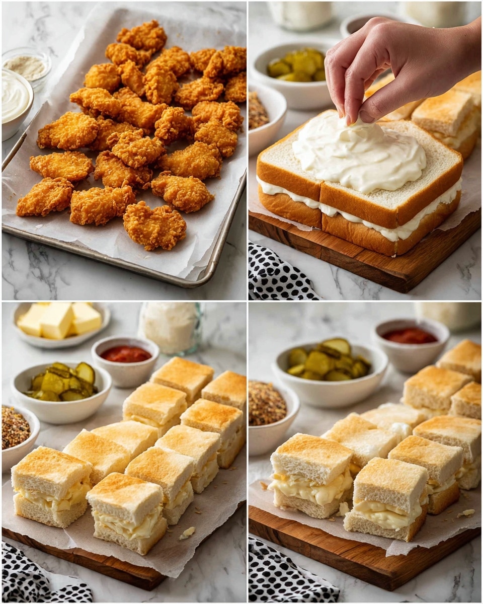 In the first part of the image, there are many golden brown fried chicken pieces arranged in rows on white parchment paper, which is on a tray. In the second part, a woman's hand is spreading white creamy sauce over a thick white sandwich bread cut into large squares, placed on a wooden board. In the third part, the same bread squares are shown with the close-up of the woman’s hand spreading the creamy sauce more evenly. In the last part, the bread squares have a light golden top and are cut into small square sandwiches on a wooden board. Around the main items, there are bowls of green pickles, blocks of butter, and small bowls of red sauces or spices on a white marbled surface with a black and white spotted cloth nearby. photo taken with an iphone --ar 4:5 --v 7