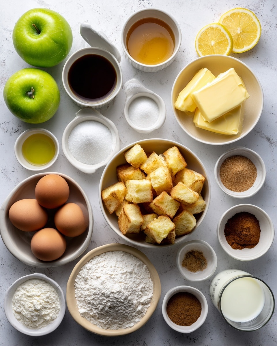 The image shows an overhead view of various baking ingredients neatly arranged on a white marbled surface. There are two bright green apples on the left, with a small bowl of dark maple syrup and another of vanilla extract above them. To the right, two lemon slices sit near a small bowl of white flour. Below the apples is a small beige dish with a light yellow square of butter, and next to it is a large white bowl filled with cubed golden brioche bread pieces. Three brown eggs rest in a small white bowl near the bottom left. Around the center are small white bowls holding white sugar, brown sugar, and heavy cream. Near the bottom right, a white dish contains three spices – salt, cinnamon, and nutmeg – arranged neatly side by side. A glass of whole milk is placed next to this dish near the bottom right. The whole setup is clean and bright, with labels naming each ingredient. photo taken with an iphone --ar 4:5 --v 7