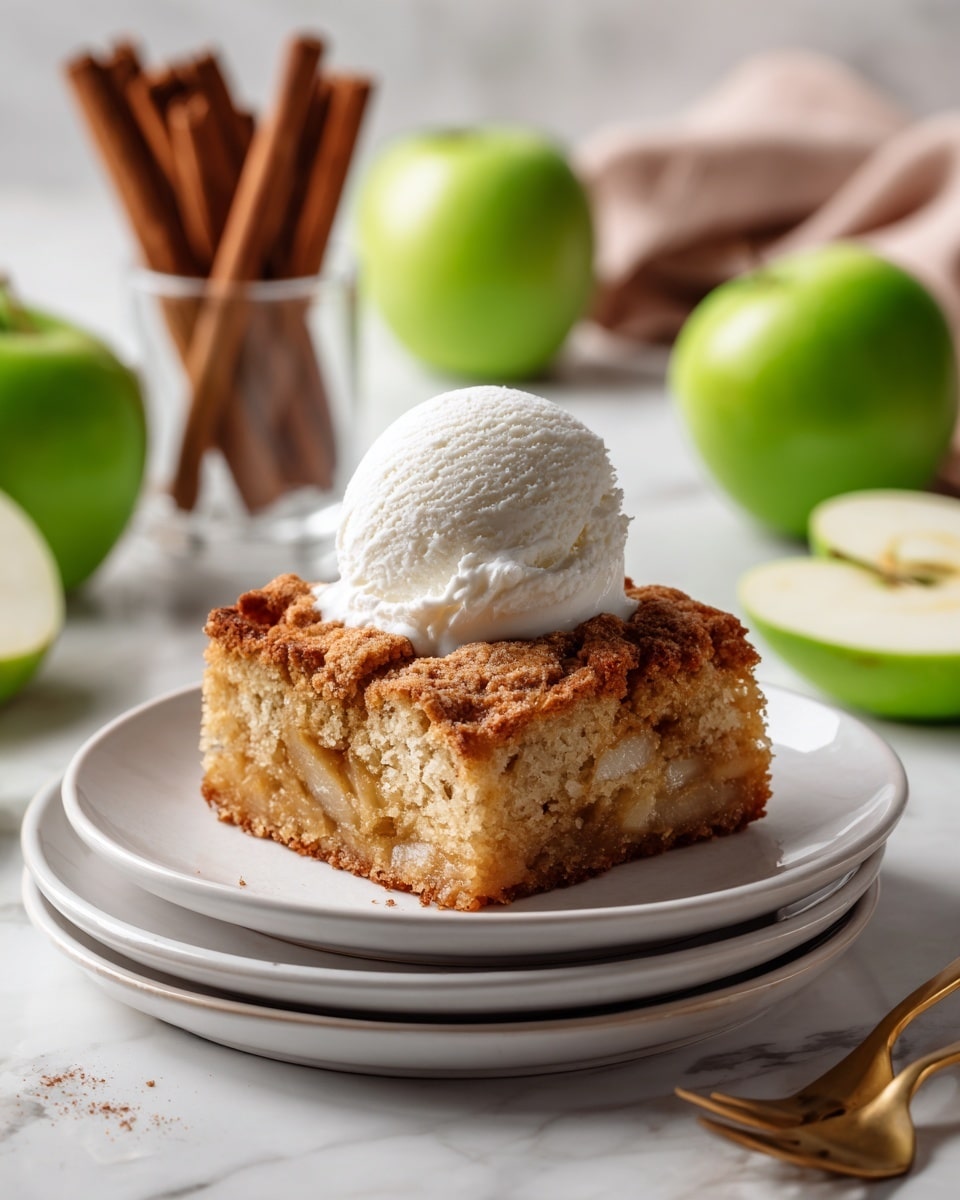 A square slice of golden brown apple cake with a crumbly texture sits on a white plate, topped with a single scoop of smooth, creamy white vanilla ice cream slightly melting on the warm cake. The plate is stacked on two other white plates on a white marbled surface. In the soft-focus background, green apple slices and halved green apples add fresh color, alongside a glass container filled with cinnamon sticks. A gold fork rests on the side of the plate. photo taken with an iphone --ar 4:5 --v 7