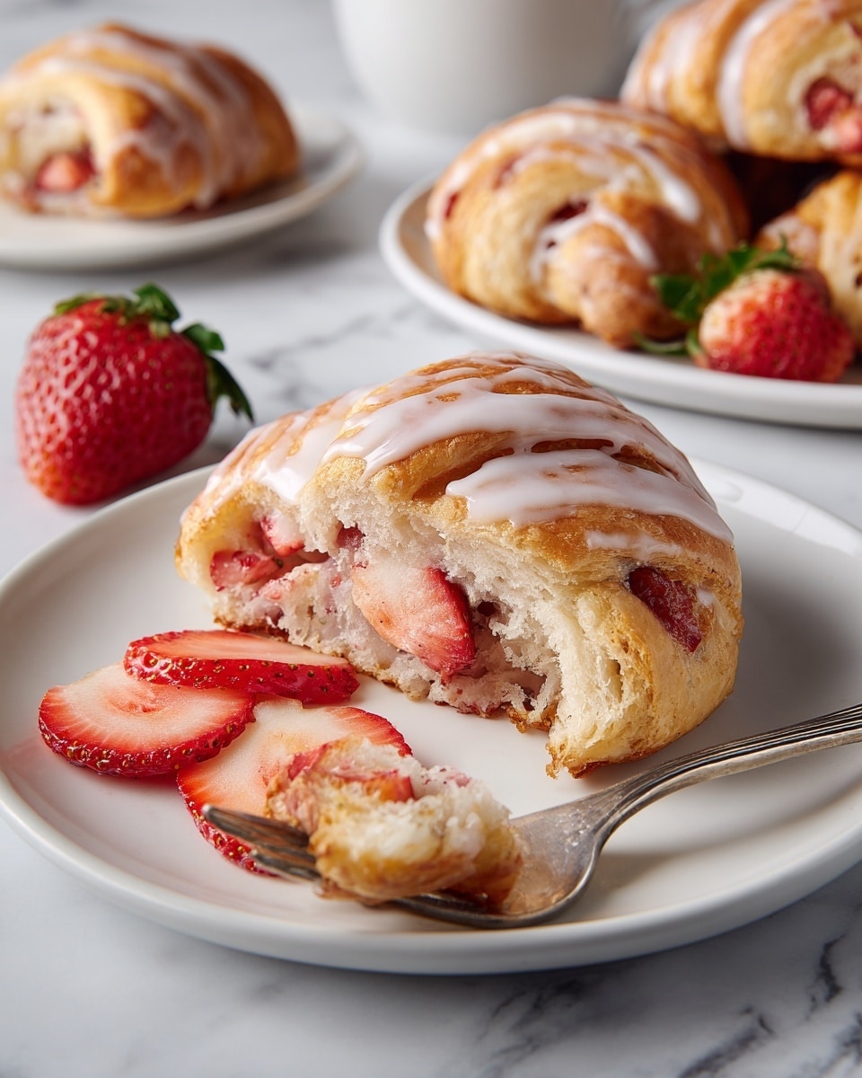The image shows three golden-brown crescent rolls filled with bright red chopped strawberries, placed on a white decorative plate with a lace-like pattern. Each crescent roll has a shiny, smooth white glaze drizzled over the top in thin lines. There are two whole ripe strawberries and one strawberry half placed near the crescent rolls for decoration. The plate is set on a white marbled surface, and a white cloth is visible in the background. photo taken with an iphone --ar 4:5 --v 7