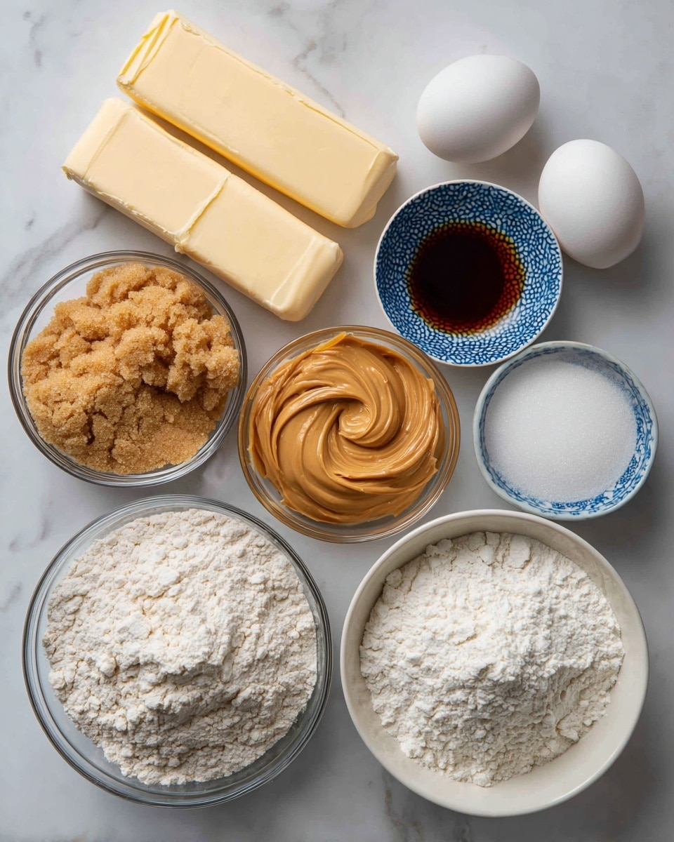This image shows eight different ingredients placed on a white marbled surface. There are two sticks of salted butter in beige wrappers at the top center. To the right, there is a small white bowl with dark amber vanilla extract and a blue patterned small bowl with white baking soda. Below the butter, two white eggs sit side by side. In the center is a clear glass bowl filled with creamy peanut butter in a smooth, thick, light brown layer. To the left, there is a clear glass bowl filled with light brown sugar that looks crumbly and textured. Below the peanut butter is a clear glass bowl full of white all-purpose flour with a powdery texture. At the bottom right, a white bowl holds fine white granulated sugar. The colors show a mix of light browns and whites with clear glass bowls highlighting the textures of each ingredient. Photo taken with an iphone --ar 4:5 --v 7
