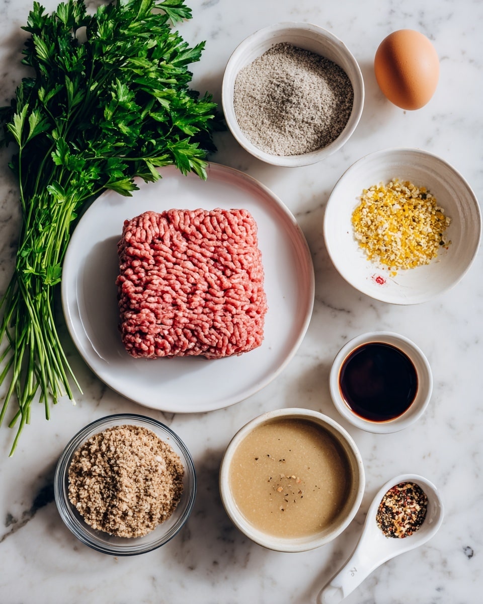 A white plate holds a sealed pack of raw ground beef with a red label in the top right center. To the left, a large bunch of fresh green parsley rests loosely on a white marbled surface. In front of the parsley, a white bowl filled with gray colored gravy mix is next to a white bowl with an onion soup mix containing small yellow and brown bits. Below these, a single brown egg is placed near a clear glass bowl filled with light brown bread crumbs. To the right of that bowl, there is a clear glass bowl full of creamy beige mushroom soup with visible mushroom pieces. Below and slightly to the right, a small white bowl contains dark Worcestershire sauce. To the far right, a small white round spoon dish shows mixed seasoning in salt, black pepper, and red flakes, labeled as Montreal steak seasoning. All ingredients sit on a white marbled surface, photo taken with an iphone --ar 4:5 --v 7
