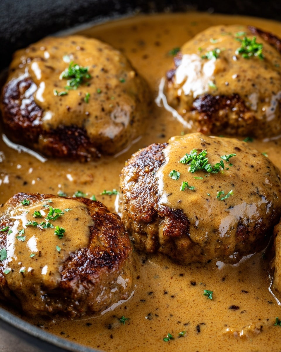 The image shows four round, soft-looking brown patties covered in thick, creamy brown gravy with small bits of herbs and spices visible. The patties are arranged in a row inside a black pot, with some gravy pooling around them. Small green chopped herbs are sprinkled on top of each patty, adding a touch of color contrast. The background is not seen clearly as the focus is on the pot and its contents. photo taken with an iphone --ar 4:5 --v 7