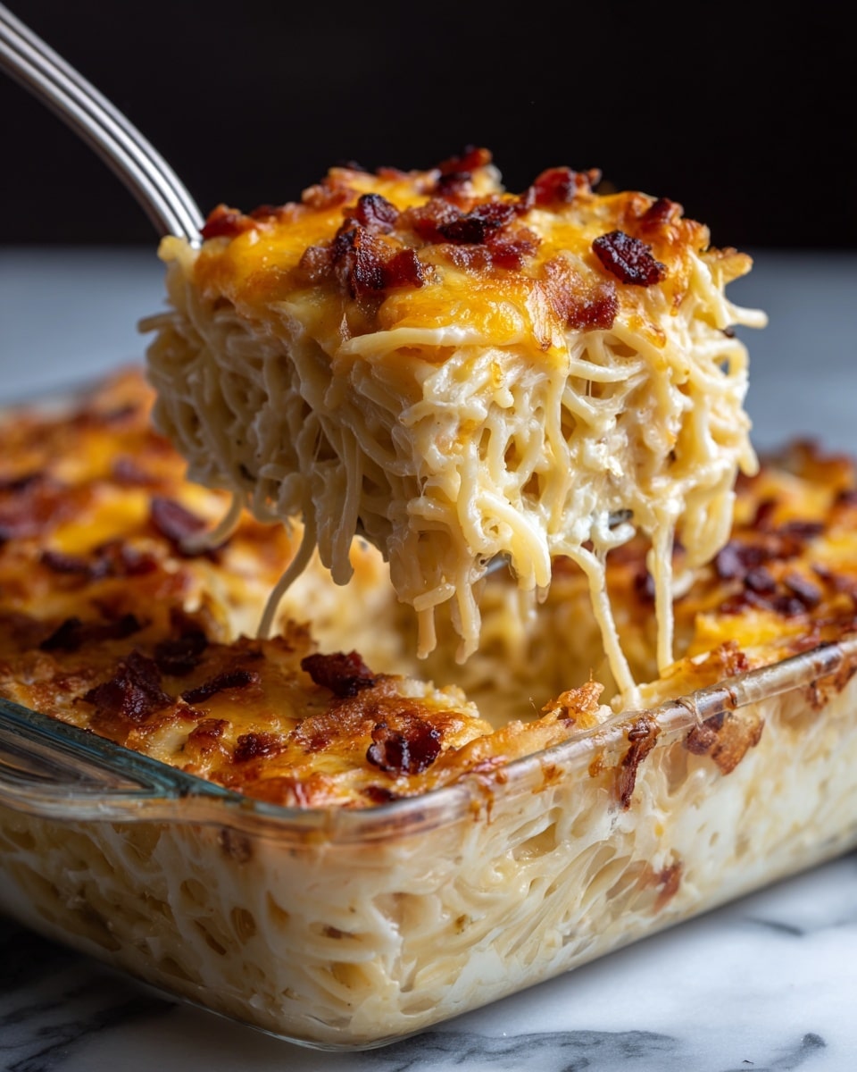 A close-up view of a square piece of baked spaghetti being lifted with a silver spatula. The dish has several layers: at the base is a tangle of soft, pale yellow spaghetti noodles, covered with a creamy, light yellow cheese sauce that looks smooth and thick. On top of this is a bright orange layer of melted cheese with slightly browned, crispy spots scattered across, along with small bits of dark brown, crispy bacon. The background is dark, and the dish is in a clear glass baking dish resting on a white marbled surface. Photo taken with an iphone --ar 4:5 --v 7