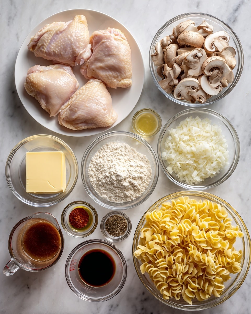 A top-down view of various cooking ingredients arranged neatly on a white marbled surface, including a white plate with five raw boneless chicken thighs showing a smooth pale pink skin texture in the upper left; beside it to the right is a clear glass bowl filled with sliced baby bella mushrooms in brown and cream shades; above the mushrooms is a stick of yellow butter; below the butter is another clear bowl with white flour, and to the right of the mushrooms is a clear bowl containing finely chopped white sweet onion. Below the chicken thighs and flour is a smaller clear bowl with thick white sour cream, and to its right is a large clear bowl filled with wide, curly yellow egg noodles. Below the noodles, smaller clear bowls hold minced garlic cloves, light yellow dijon mustard, dark Worcestershire sauce, pale yellow avocado oil, and reddish paprika powder. A clear glass measuring cup with brown chicken broth is at the bottom left, next to small bowls holding garlic powder and onion powder, and lastly a small bowl with a salt and pepper mix. All ingredients are well spaced and labeled with simple black text. photo taken with an iphone --ar 4:5 --v 7