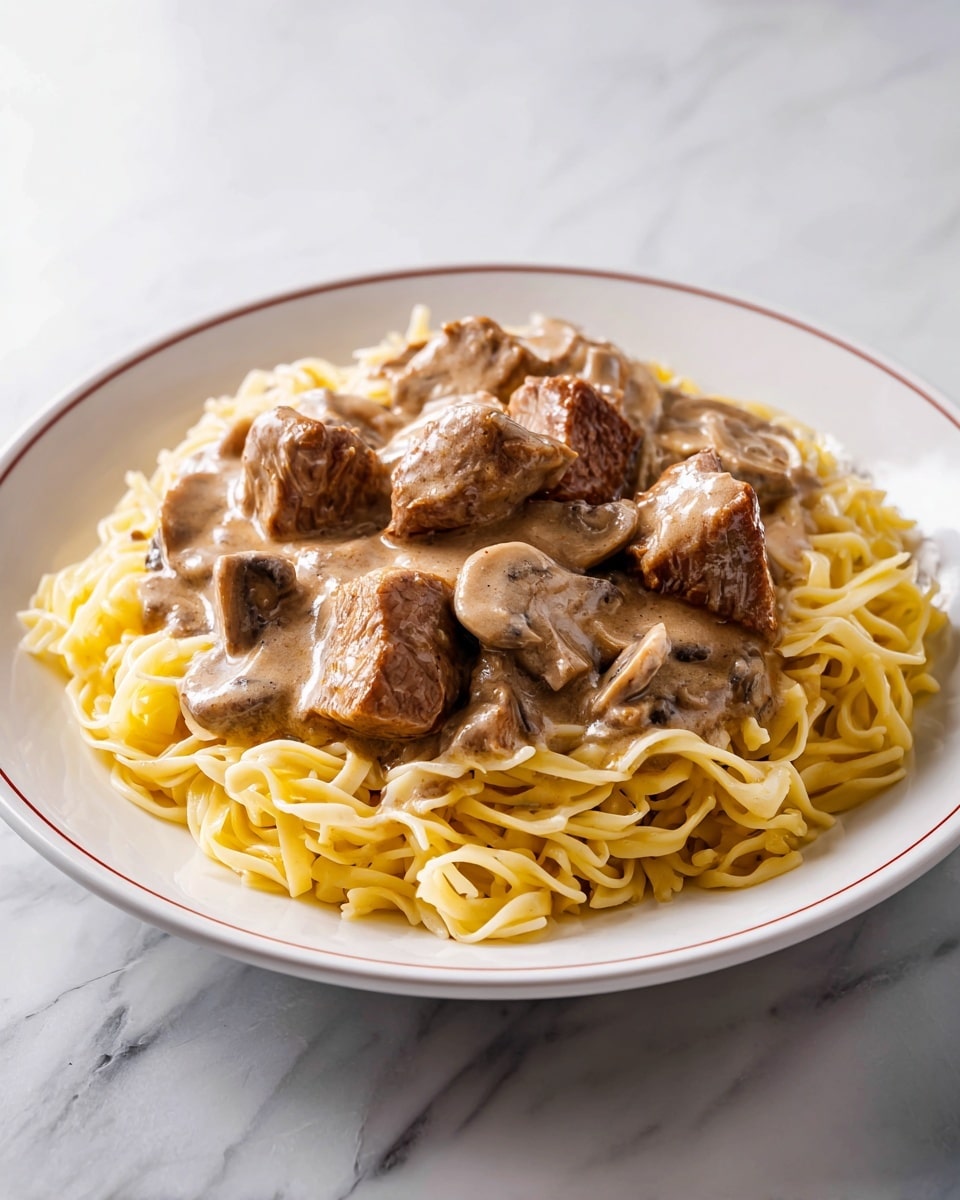 The image shows a white plate with a thin red line around the edge filled with three layers of food. The bottom layer is light yellow egg noodles with a soft, slightly curved shape. The top layer features several pieces of browned meat with a smooth, cooked surface. Covering the meat and noodles is a thick, creamy brown sauce dotted with small pieces of mushrooms, adding texture and shine. The plate sits on a white marbled surface. Photo taken with an iphone --ar 4:5 --v 7
