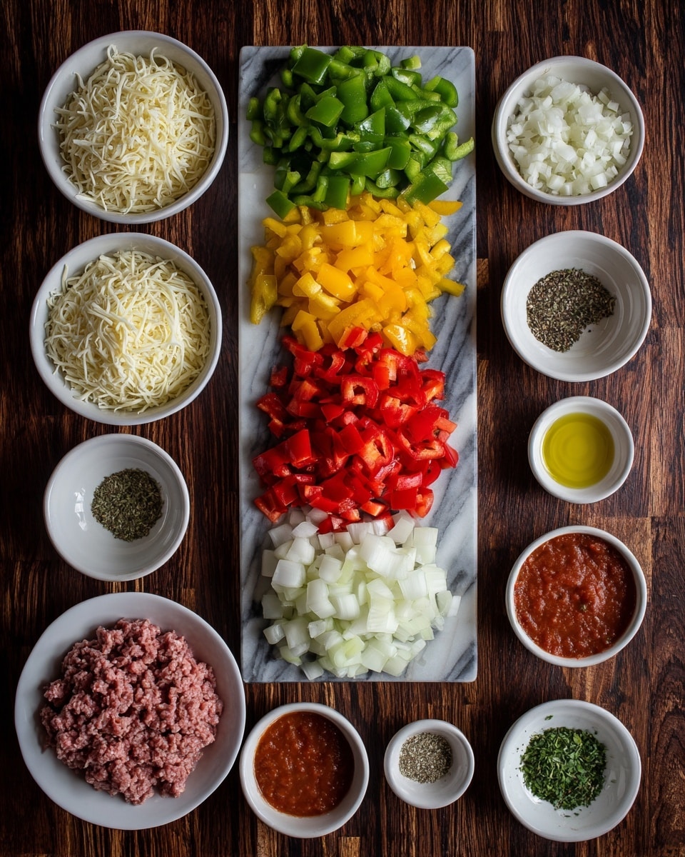 The image shows a top-down view of many small white bowls and a wooden board with colorful chopped vegetables neatly arranged on a dark brown wooden surface, changed to a white marbled texture. The wooden board holds four rows of chopped vegetables from left to right: green bell peppers, yellow bell peppers, red bell peppers, and white onions. To the left of the board, two white bowls contain shredded cheese. Below the board is a white plate with raw ground meat. Around these are small white bowls with minced garlic, dried herbs, olive oil, ground seasonings, chopped tomatoes in tomato sauce, uncooked rice, tomato paste, and cracked black pepper. The colors are bright and fresh with red, yellow, green, and white tones. Photo taken with an iphone --ar 4:5 --v 7