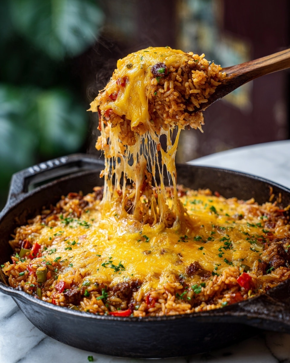 The image shows a close-up of a cast iron pan filled with a three-layer dish. The bottom layer is made of cooked rice mixed with small pieces of red and green bell peppers and bits of cooked meat, all in a reddish sauce. On top of the rice is a thick layer of melted yellow cheese, stretched and stringy as a woman's hand lifts a scoop with a wooden spoon. The dish is sprinkled with small green herb pieces. The pan is set on a white marbled surface with some blurred green and dark brown elements in the background. photo taken with an iphone --ar 4:5 --v 7