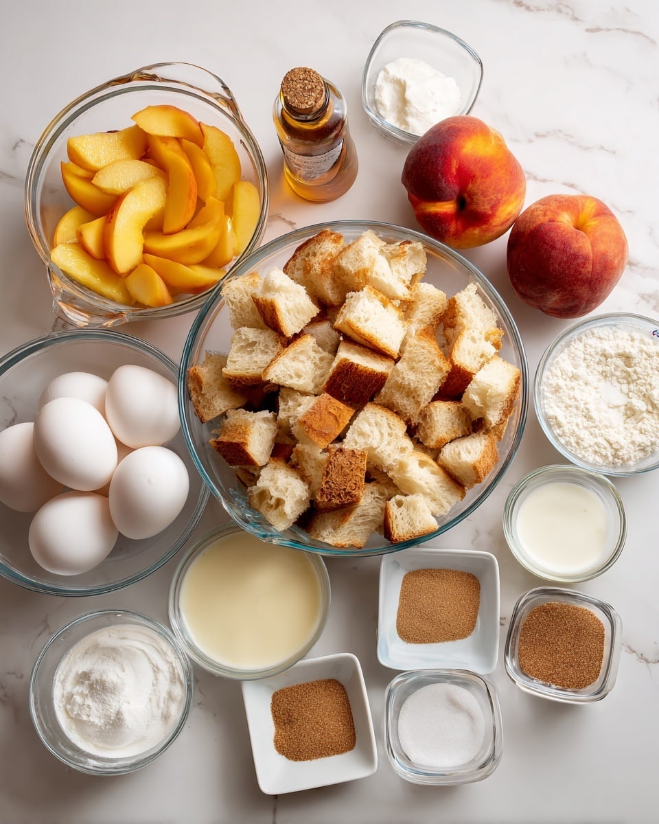 A clear glass bowl filled with many pieces of light tan and white french bread cubes sits in the top center on a white marbled surface. Around it are several smaller clear glass bowls and containers: a large measuring cup on the left filled with sliced bright yellow peaches, a small amber bottle labeled vanilla to the left behind the peaches, a medium bowl in the center bottom with six white eggs, a small bowl with melted butter to the right of the french bread, and a measuring cup filled with white milk to the right of the eggs. Two whole peaches with reddish-orange skin rest next to the melted butter. Small clear dishes at the bottom hold light brown sugar, white sugar, and salt, and three white square dishes contain brownish cinnamon and nutmeg powders. A small glass container with white heavy cream is in the bottom left corner. Everything is neatly arranged on the white marbled surface. Photo taken with an iphone --ar 4:5 --v 7