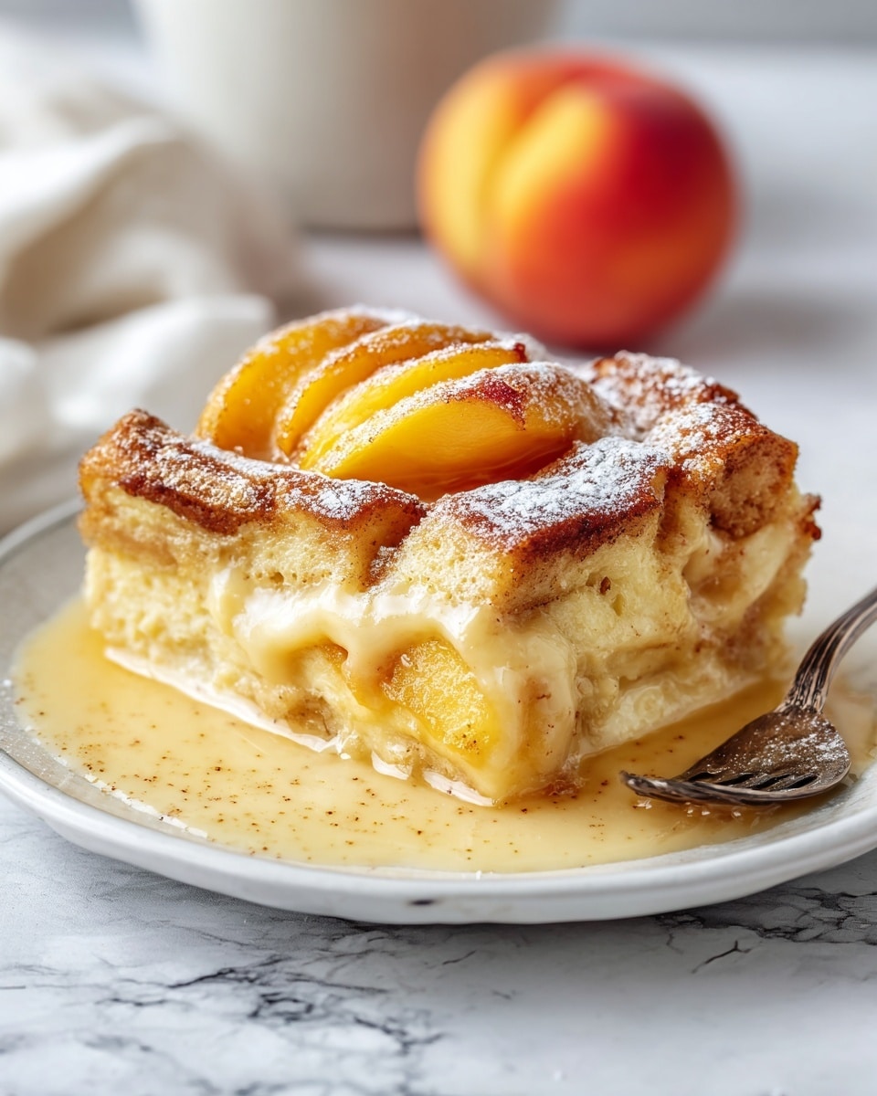 A slice of baked bread pudding is on a white plate placed on a white marbled surface. The pudding has three layers: a creamy beige bottom layer with visible small specks, a middle layer of soft bread pieces in light beige color soaked in custard, and the top layer showing golden yellow peach slices dusted with a light sprinkle of powdered sugar and cinnamon. The pudding looks moist with a light syrup around the edges. A silver fork is on the plate's right side, and a ripe peach is blurred in the background. Photo taken with an iphone --ar 4:5 --v 7