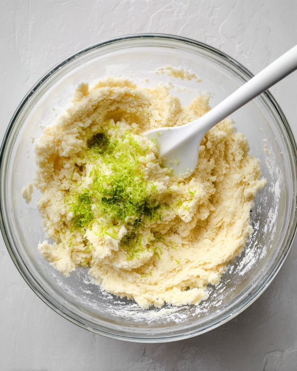 A clear glass bowl sits on a white marbled surface, filled with one main layer of light yellow, soft and slightly crumbly dough. On top of the dough, towards the center, is a small pile of bright green finely shredded zest. A white mixing spatula rests on the bowl’s edge with its tip touching the dough inside. The overall texture shows a mix of smooth and slightly grainy surfaces. Photo taken with an iphone --ar 4:5 --v 7